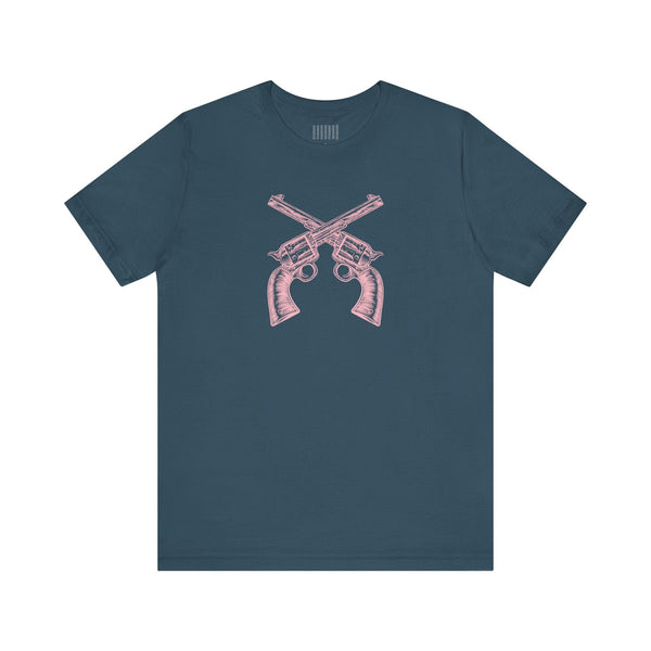 Dark blue unisex outlaw t shirt with pink vintage crossed pistols graphic on the front