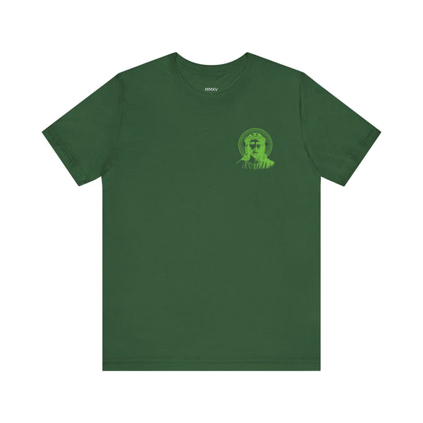 Green mini Jesus with halo left chest print on unisex soft cotton graphic tee