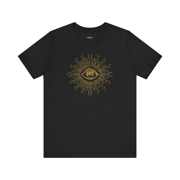 Black unisex t-shirt with gold third eye graphic and radiating lines design.
