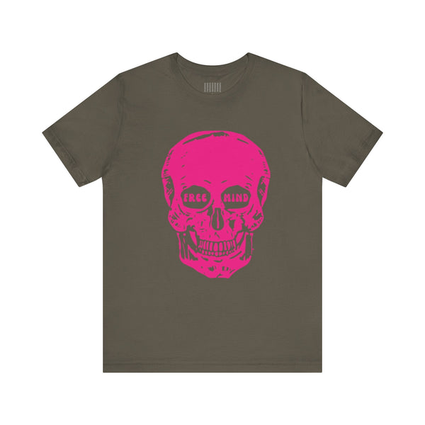 Festival style olive t-shirt with jumbo bright pink skull graphic and "FREE MIND" text in the eye sockets.