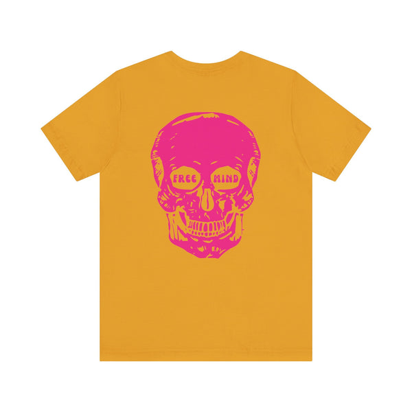 Mustard yellow tee with large pink skull graphic and "Free Mind" text, bold statement streetwear design.