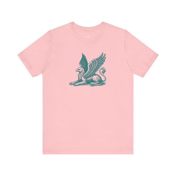 Pink t shirt featuring a detailed green gryphon graphic design on the front, made of soft 100% cotton