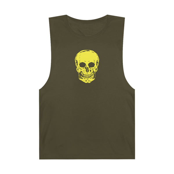 Olive green tank top with vibrant yellow skull graphic, raw sleeve edges, unisex fit, casual streetwear FUGITIVE TEES