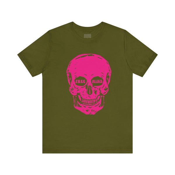 Festival style olive green tee with jumbo pink skull graphic and "FREE MIND" text in eye sockets