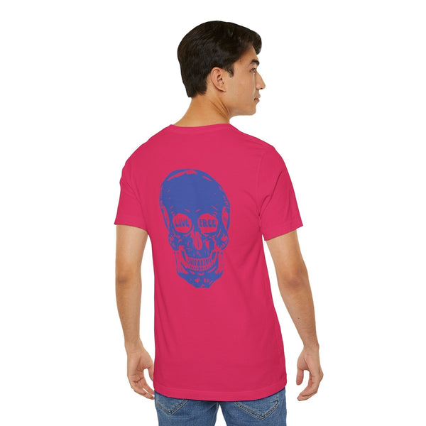 Man wearing a red graphic tee with large blue skull and "Live Free" text on back