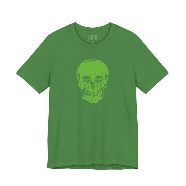 green skull print t-shirt with live free graphic on front by Fugitive