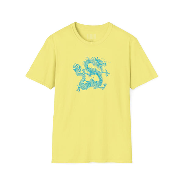 yellow t shirt with turquoise dragon graphic on front mythical design unisex dragon t shirt