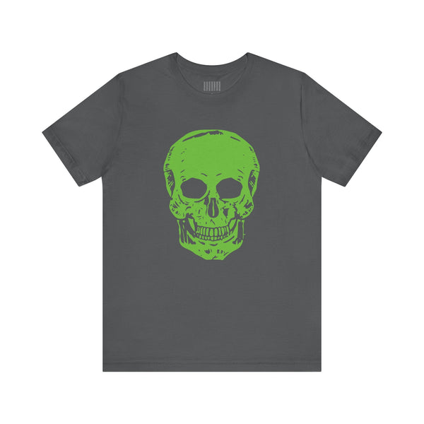 Charcoal gray t-shirt with large bold green skull graphic on front, casual streetwear style