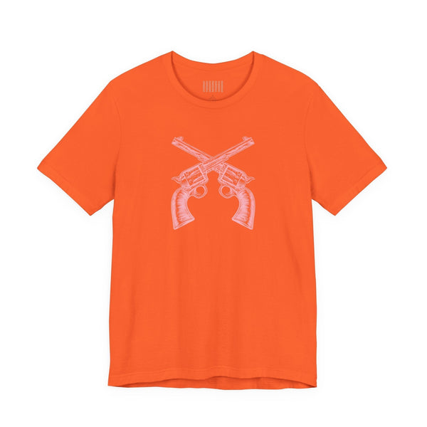 Orange outlaw t shirt with vintage crossed pistols graphic and unisex fit