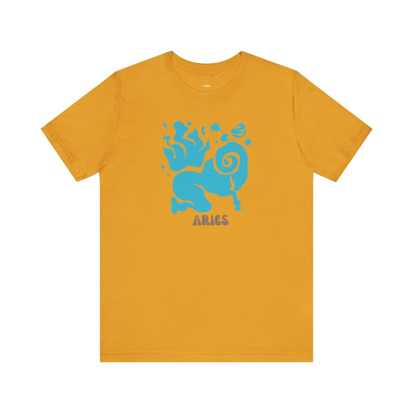 Mustard yellow Aries t shirt with a blue celestial ram graphic and Aries text for astrology fans.