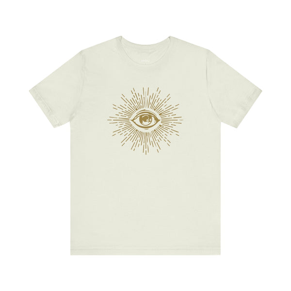 White unisex t-shirt with a gold third eye graphic and radiant rays symbolizing spiritual awareness.