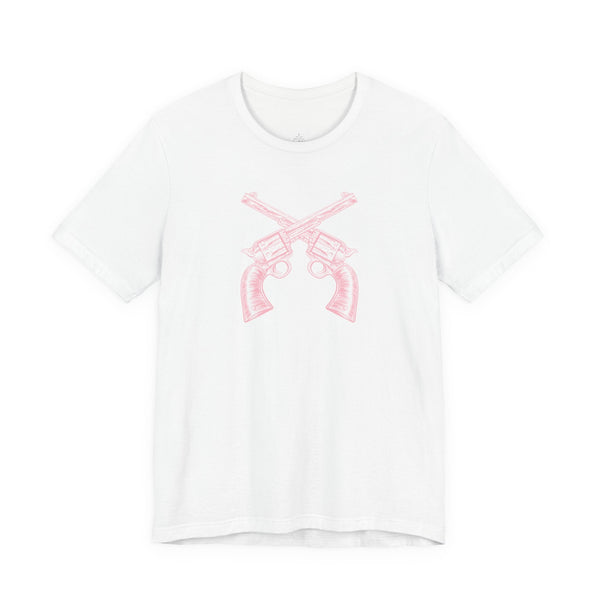 White Outlaw t shirt with pink vintage crossed pistols graphic, unisex fit, soft cotton, casual western style