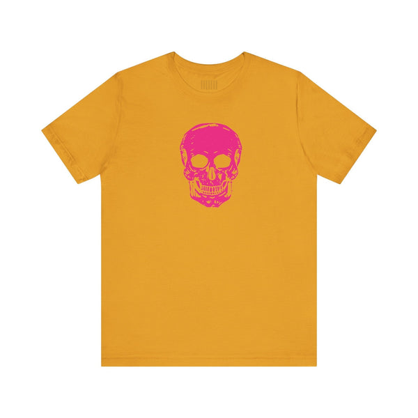Unisex mustard yellow jersey tee with vibrant pink skull graphic on front