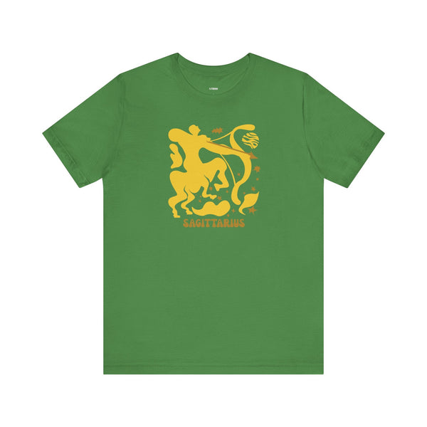 Green Sagittarius t shirt with bold yellow archer zodiac design and unisex fit