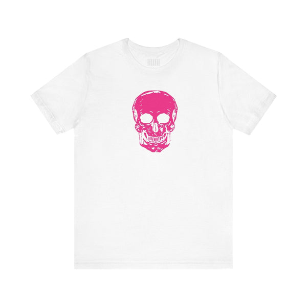 White unisex short sleeve tee with vibrant pink skull graphic on front, made from 100% combed cotton, casual style.