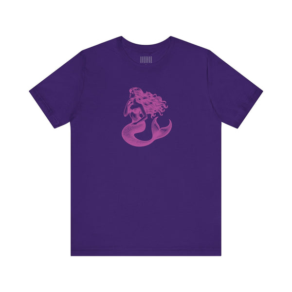 Unisex magenta mermaid graphic t-shirt with mythical siren design on purple fabric mermaid t shirt