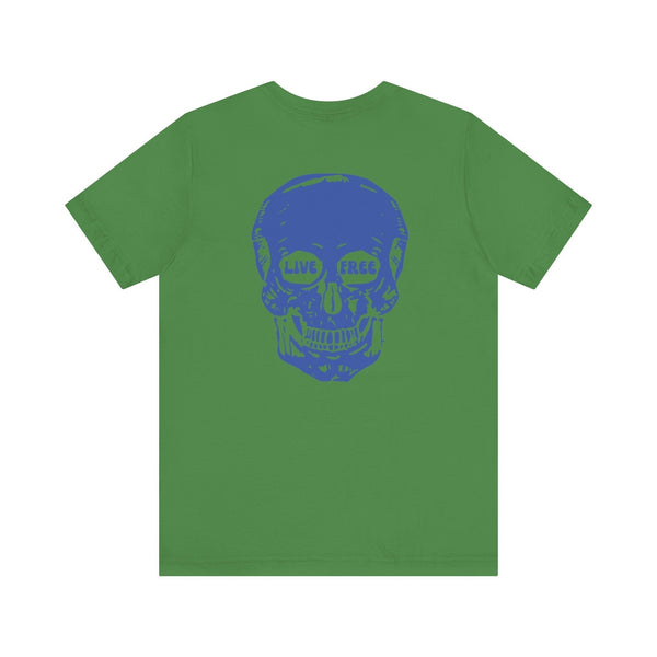 Green streetwear t-shirt with a jumbo blue skull back print featuring "Live Free" in the eye sockets.