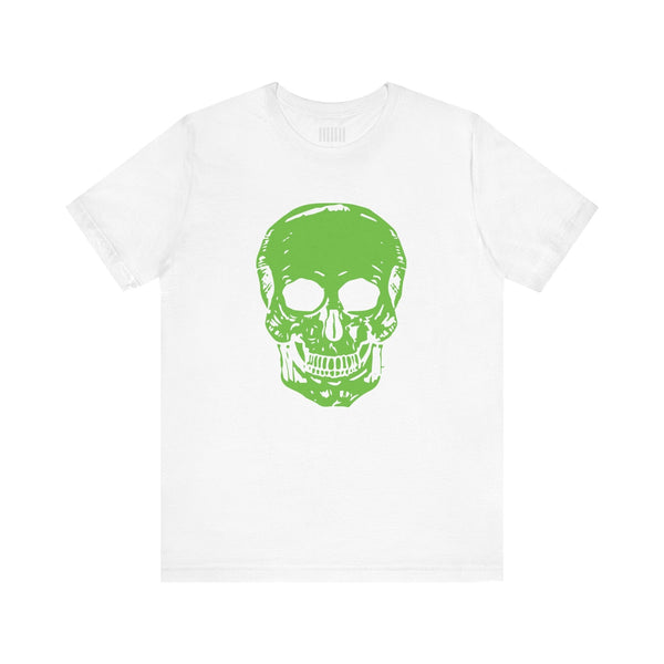 White t-shirt with bold green skull jumbo print front graphic, streetwear style, made of soft cotton for casual comfort.