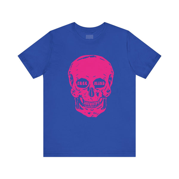 Blue festival-style tee with jumbo pink skull graphic featuring "FREE MIND" text in eye sockets.