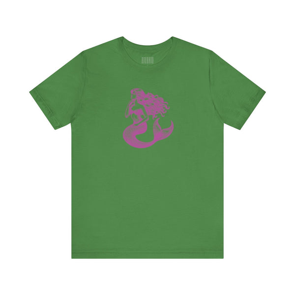 Green t-shirt with magenta mermaid siren graphic print, unisex jersey short sleeve mermaid t shirt.