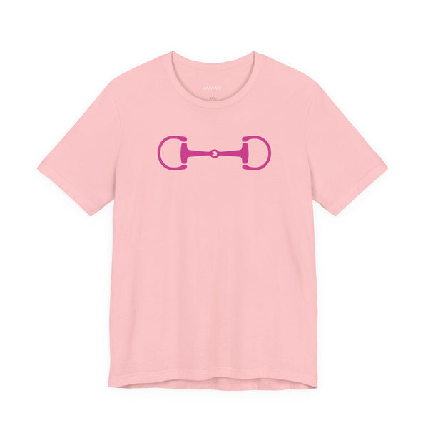 Hot pink horse bit graphic on light pink equestrian clothing tee shirt
