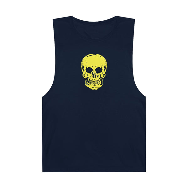 Navy tank top with bold yellow skull graphic, festival style streetwear, sleeveless breathable cotton blend.