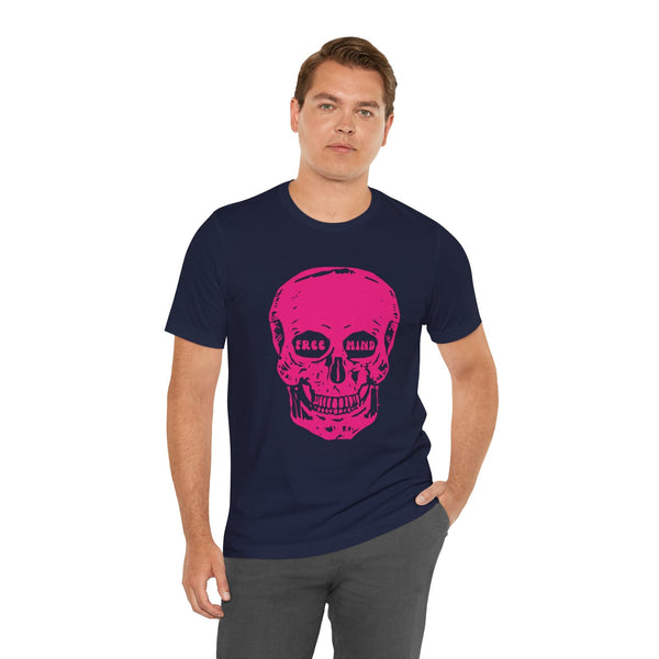 Man wearing navy blue festival style t-shirt with large pink skull graphic and "FREE MIND" text in eye sockets