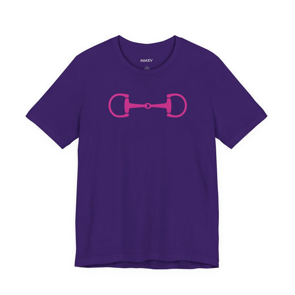 Purple graphic tee with hot pink horse bit design, equestrian clothing style