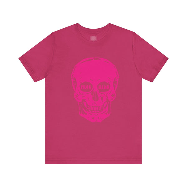 Festival style pink t-shirt with jumbo front graphic of a pink skull featuring LIVE FREE text in eye sockets