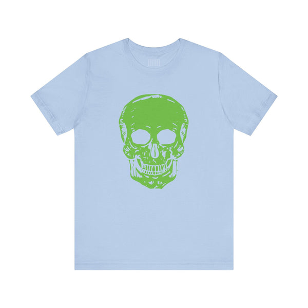 Light blue t-shirt with a bold green skull jumbo print graphic on the front, streetwear style.