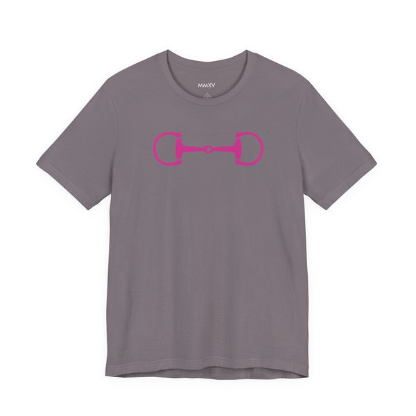 Hot pink horse bit graphic on grey equestrian clothing tee shirt