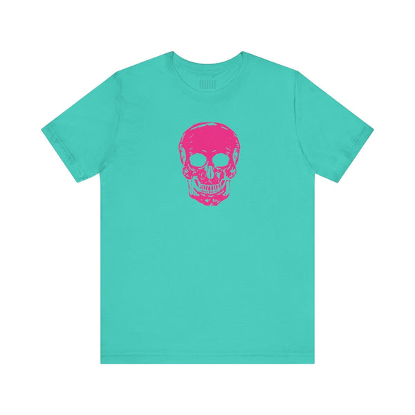 Unisex teal tee with vibrant pink skull graphic on front, short sleeves, and ribbed collar.