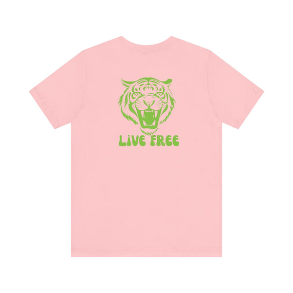 Pink tee with vintage tiger roaring graphic and live free text back print