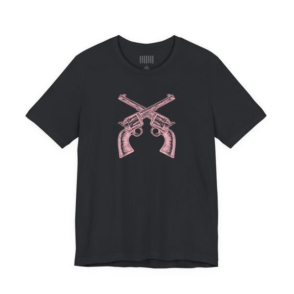 Black unisex cotton t-shirt with crossed pink vintage pistols graphic on front Cotton Candy Outlaw Pistols Graphic Tee