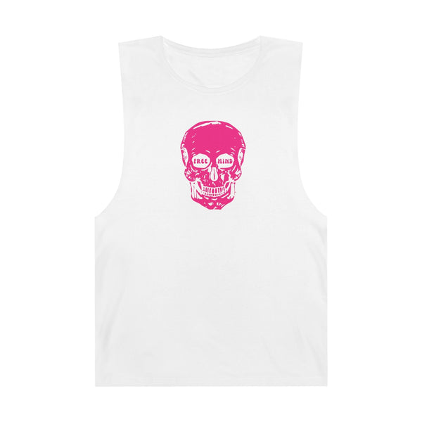 White sleeveless subculture muscle tee with bold midscale pink skull graphic and raw sleeve edges