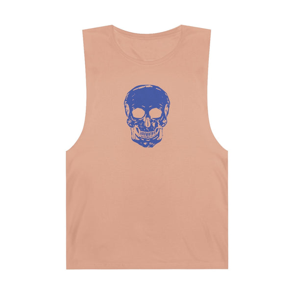 Beige sleeveless tank top with a bold blue skull graphic in the center, edgy streetwear style.