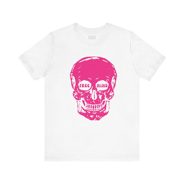 White festival-style tee with jumbo pink skull graphic and "FREE MIND" text in eye sockets