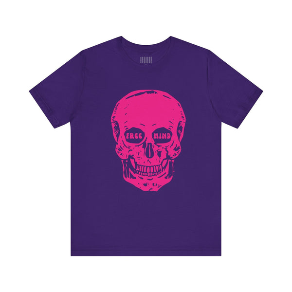 Purple festival-style t-shirt with a large pink skull graphic featuring "FREE MIND" text in the eye sockets.