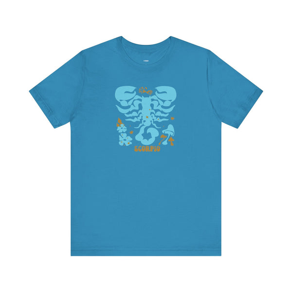 Blue Scorpio t shirt with bold blue scorpion graphic and earthy brown accents, made of soft cotton, unisex fit.