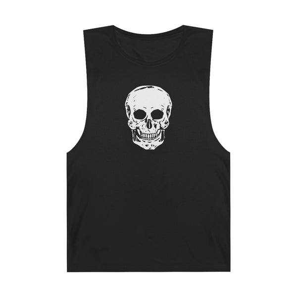 Black sleeveless skull tank top with bold white skull graphic on front, casual streetwear style