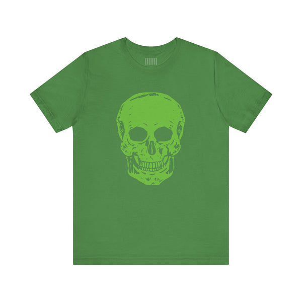 Green t-shirt with bold jumbo green skull graphic front, streetwear style cotton tee