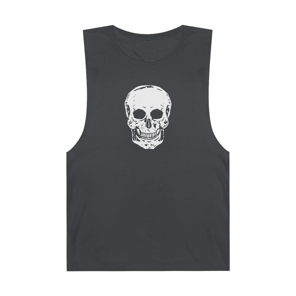 Black sleeveless tank top with bold white skull graphic on the front, casual streetwear style.