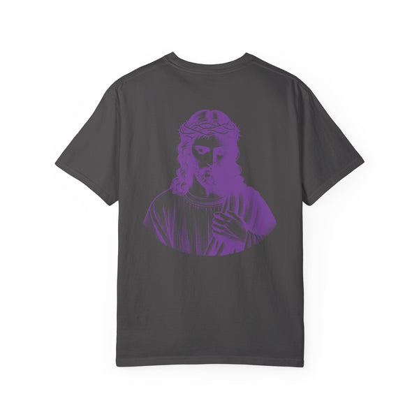 Purple Jumbo Jesus Back Print Tee with Purple Mini Jesus Front Left Graphic Tee - Iconic by Sandra Oles