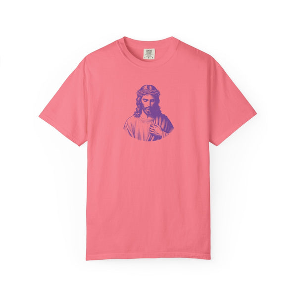 Pink Christ T shirt with bold purple Jesus graphic print on front, made of soft cotton, regular fit.