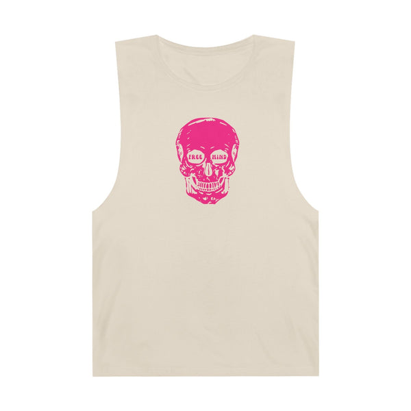 Beige muscle tee with a bold midscale pink skull graphic and sleeveless raw edges.