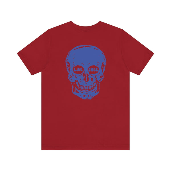 Red streetwear t-shirt with a large blue skull back print featuring the words "Live Free" in the eye sockets