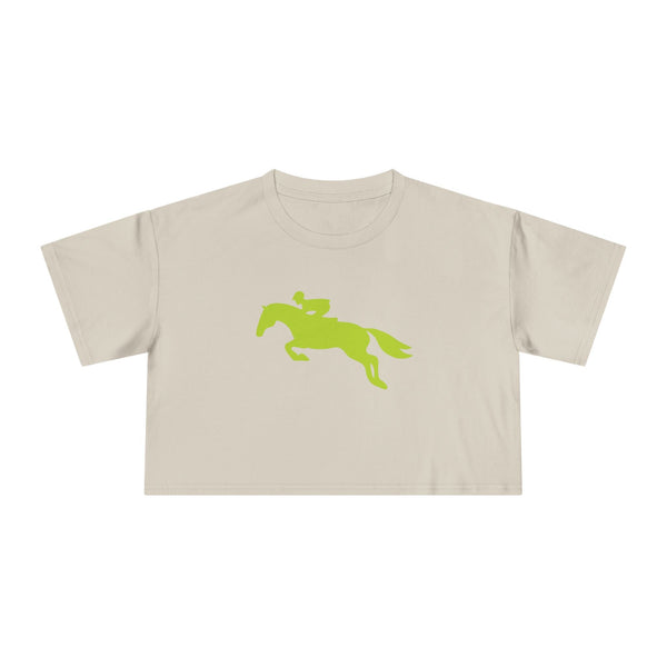 Cropped beige t shirt with lime green hunter jumper horse and rider graphic, soft breathable cotton, equestrian style.