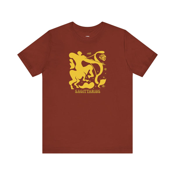 Brown Sagittarius t shirt with bold yellow archer zodiac graphic and text.