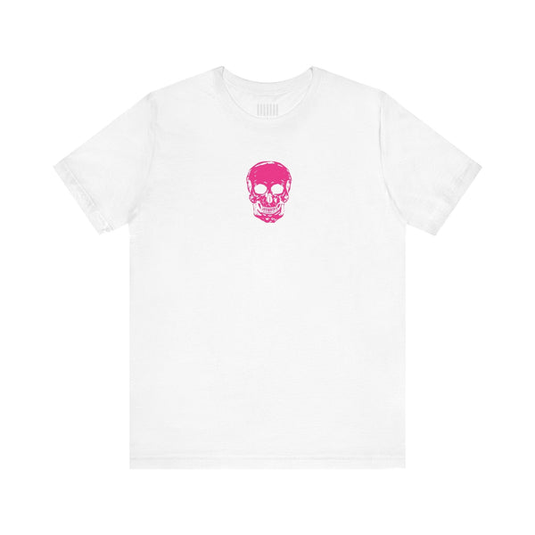 White unisex t-shirt with a centered pink skull graphic on the chest