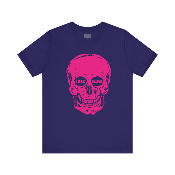 Festival style purple tee with jumbo pink skull graphic and "FREE MIND" text in eye sockets